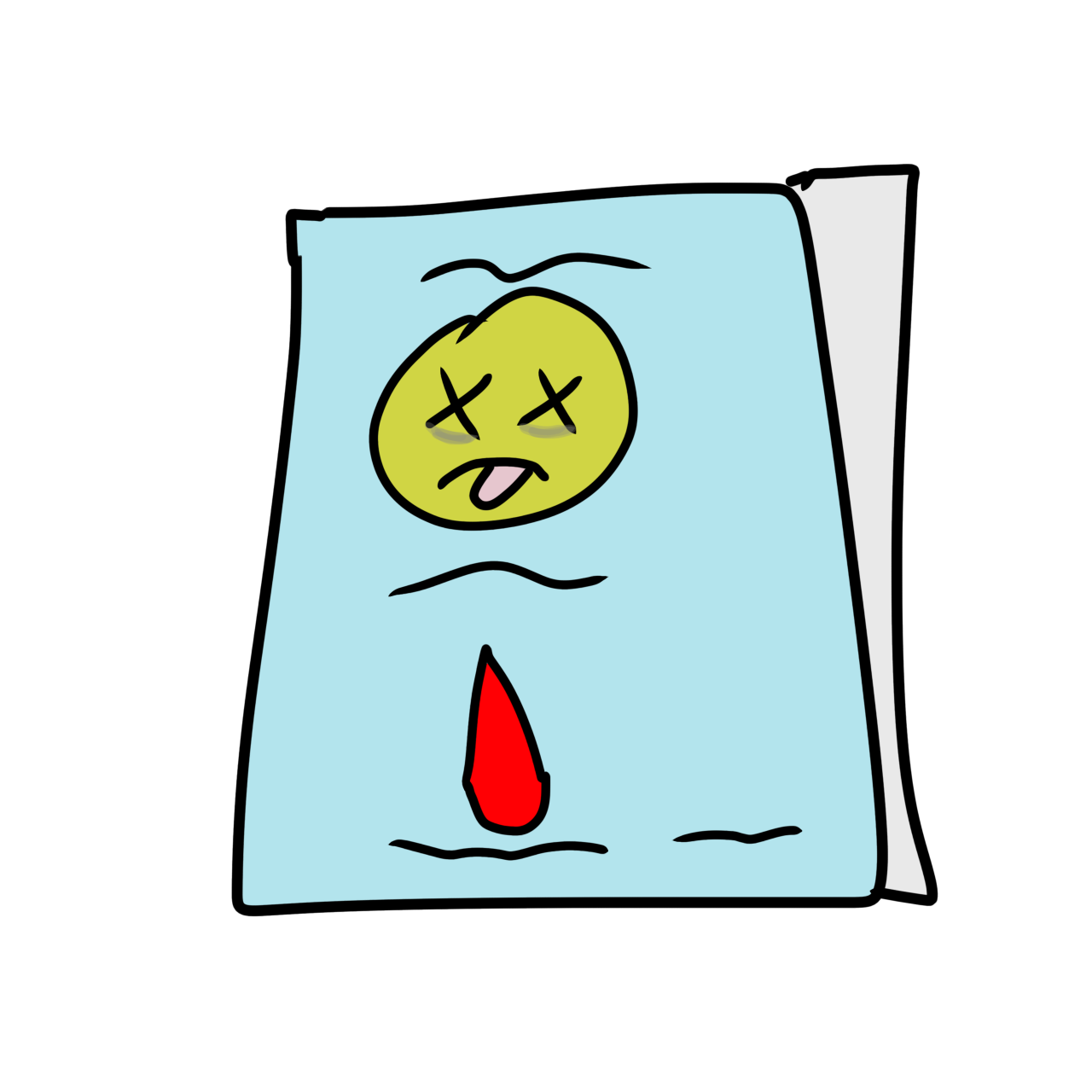 a light blue book with a cartoony dead face, a drop of blood, and some black scribbles for the title and author name.